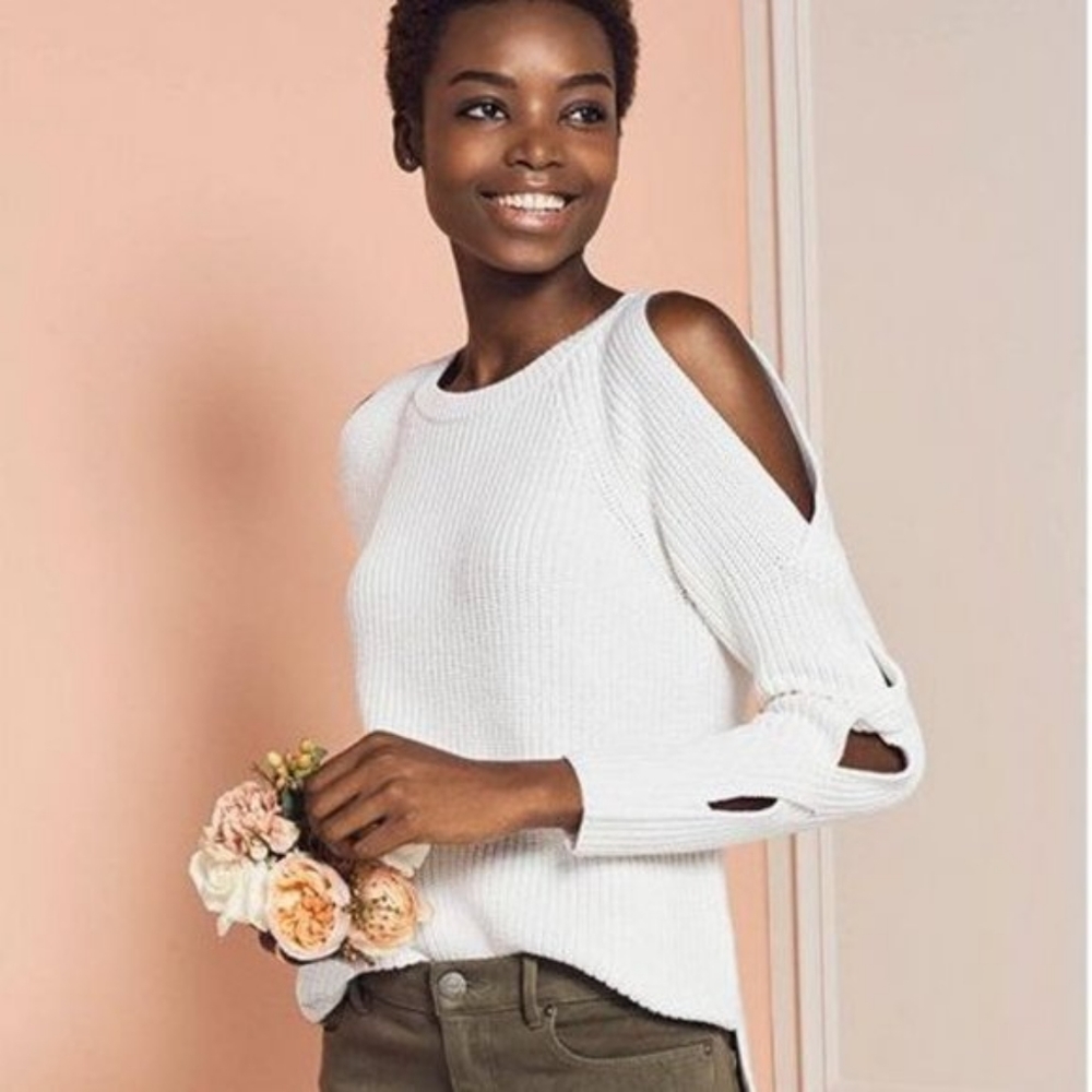 LOFT Cream Twist Sleeve Cold Shoulder Sweater (S)